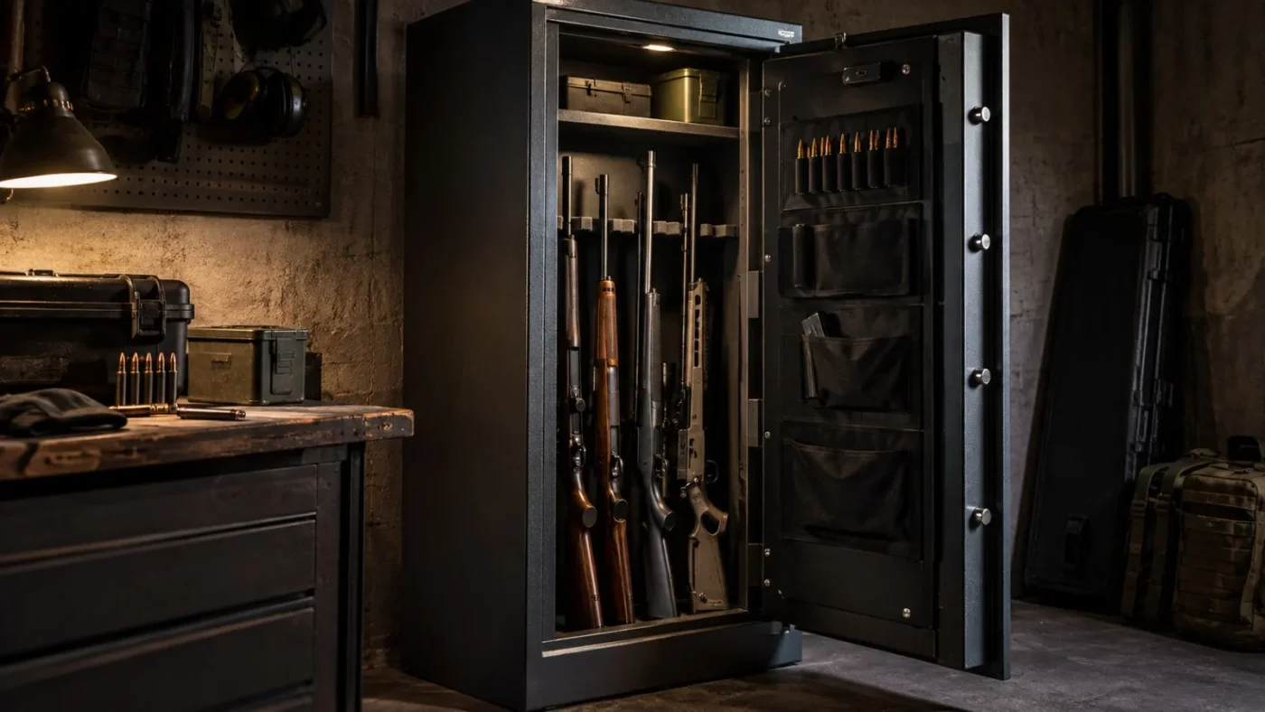 Armoire forte noire ouverte contenant deux carabines debout, porte équipée de poches à chargeurs et d'un casque antibruit, dans un atelier avec établi et étagères.
