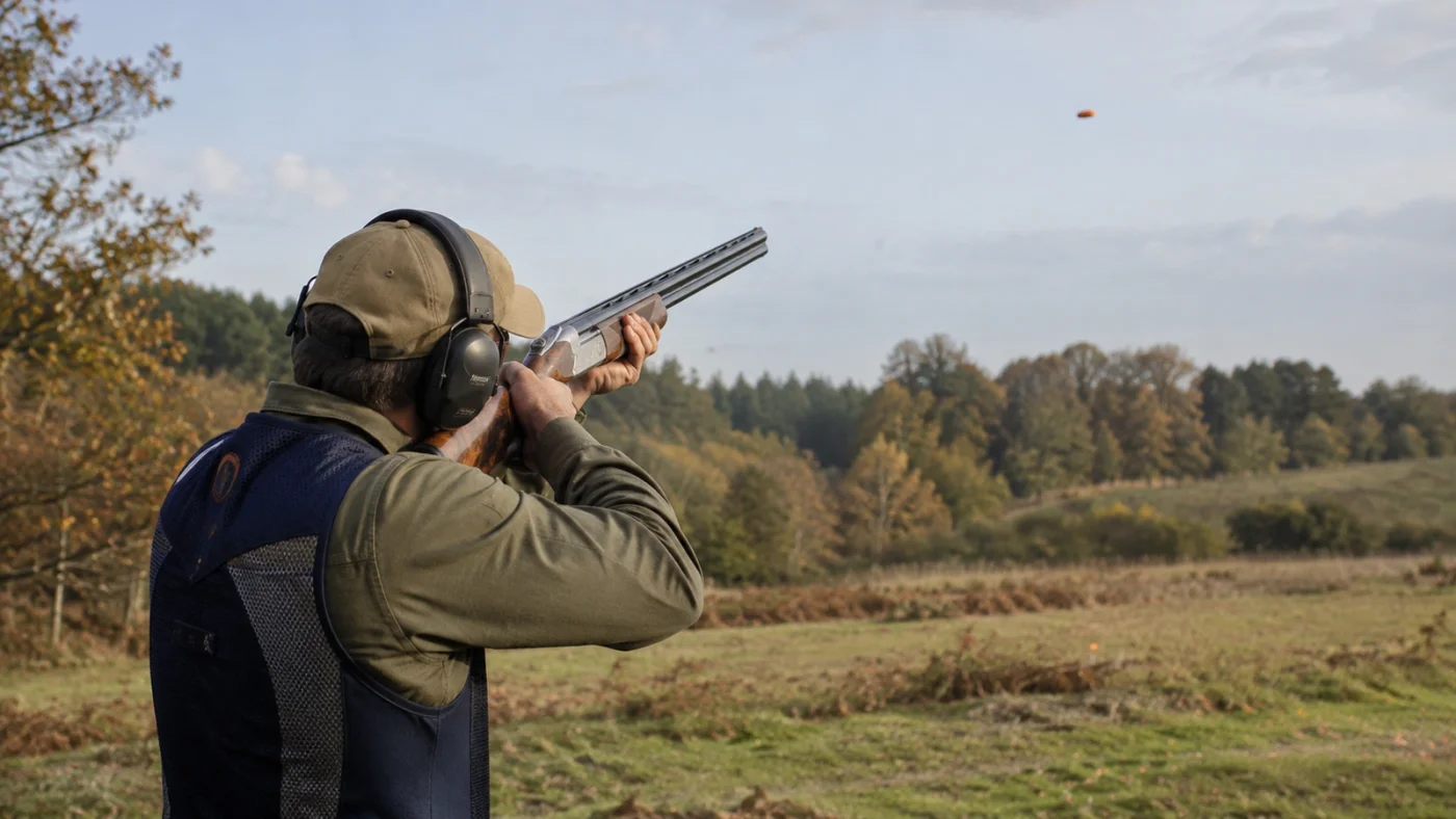 Technique ball trap : tireur casqué, vu de dos, qui épaule un fusil superposé et suit un plateau orange en vol