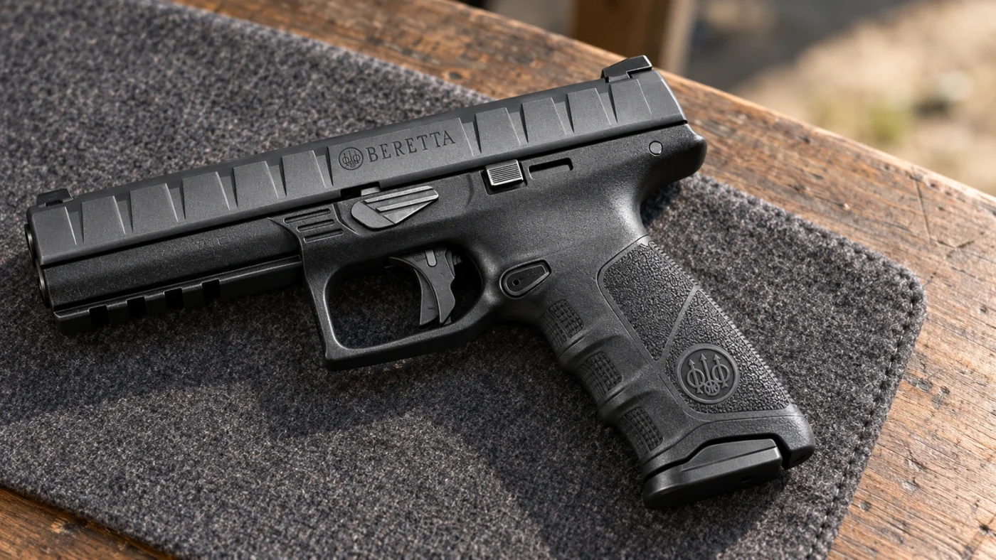 Beretta APX Full Size original noir posé sur une table, côté gauche visible