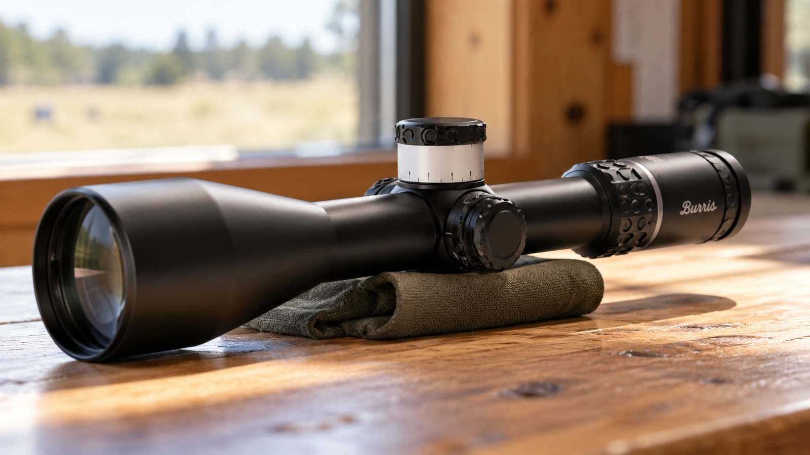 Burris XTR Pro noire et cadran blanc, posée sur un tissu près d’une fenêtre
