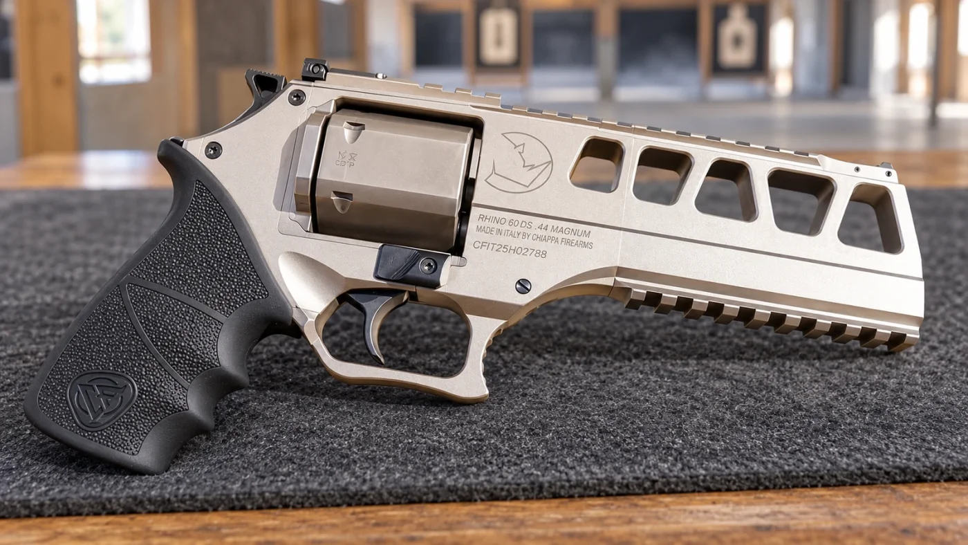 Illustration du Chiappa Rhino 60DS .44 Magnum Large Frame nickel sur une table de stand