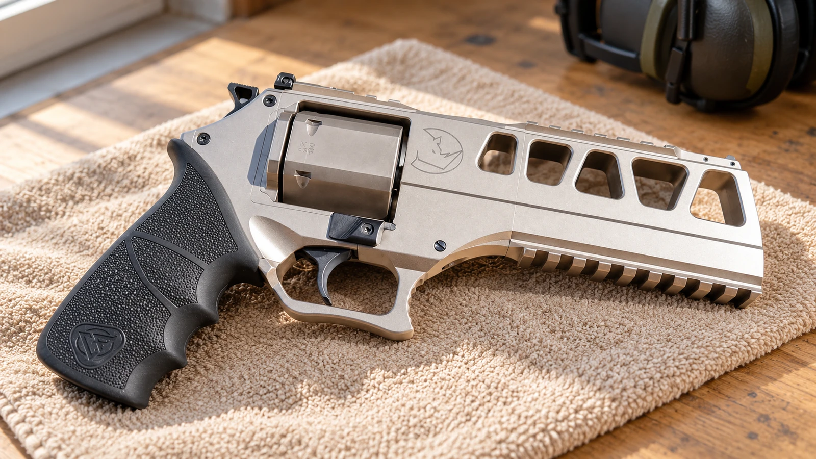 Illustration du Chiappa Rhino 60DS .44 Magnum Large Frame nickel sur un tissu de protection