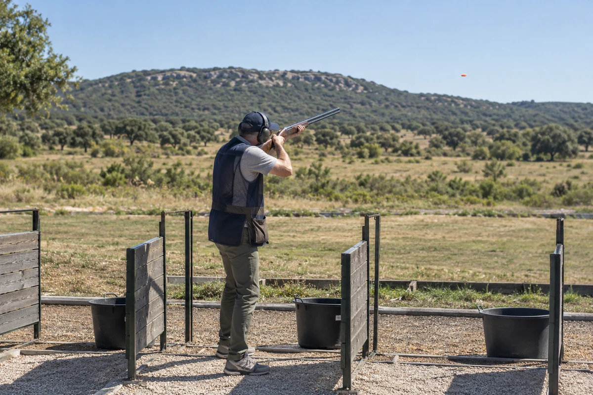 Tireur en action avec un fusil superposé sur un pas de Compak Sporting, illustration