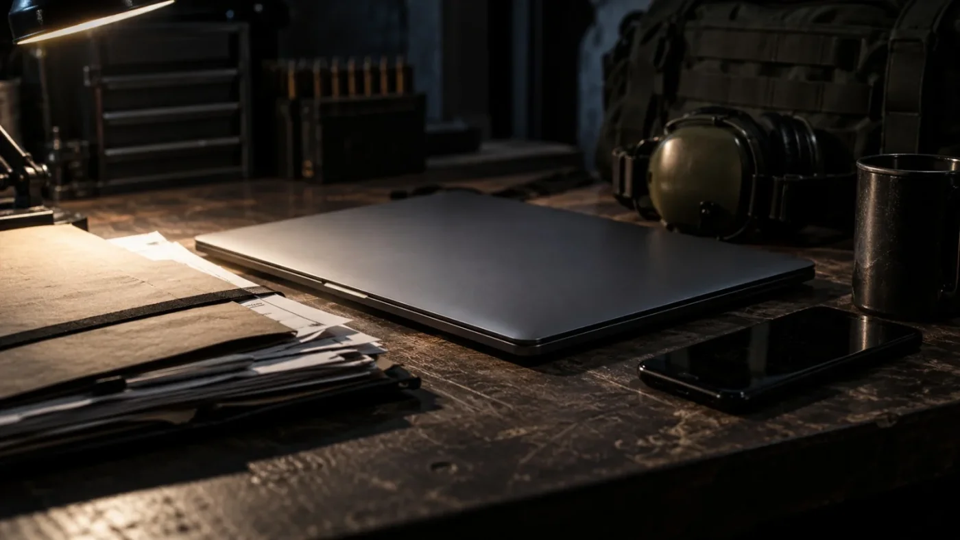 Ordinateur portable fermé sur un établi en bois, enveloppe kraft avec feuilles, clé USB, cadenas en laiton et cartouches, cible et casque antibruit dans un stand sombre.