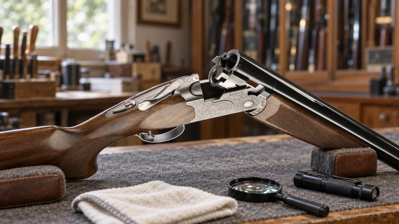 Fusil de chasse superposé ouvert sur un tapis d’armurier, avec deux chambres visibles