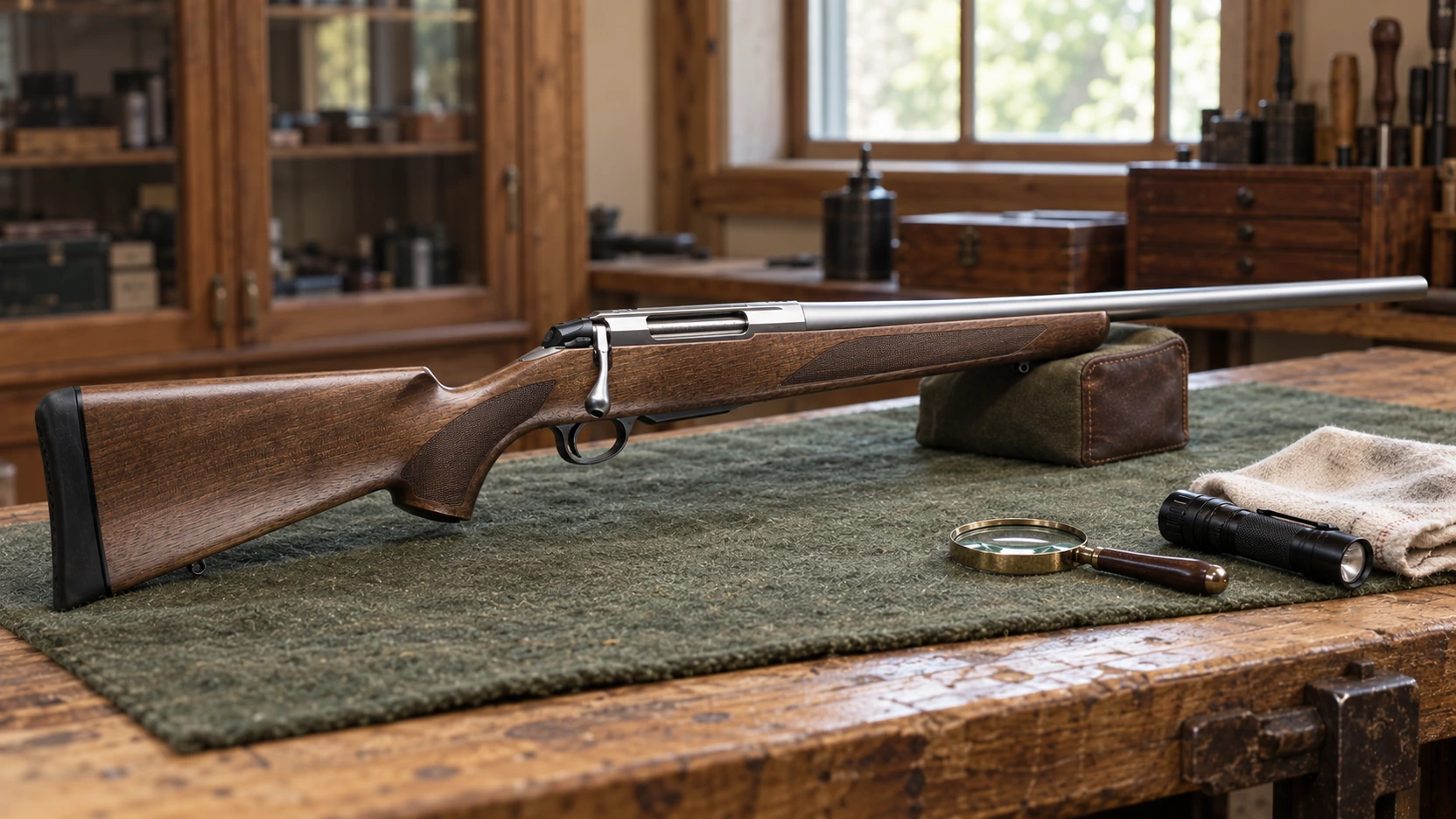 Carabine de chasse à verrou complète sur un tapis d’armurier, avec lampe, loupe et chiffon