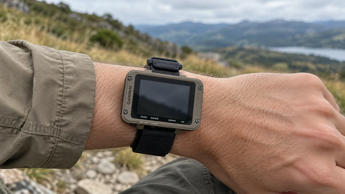 Garmin Foretrex 901 porté au poignet sur un sentier, écran éteint.