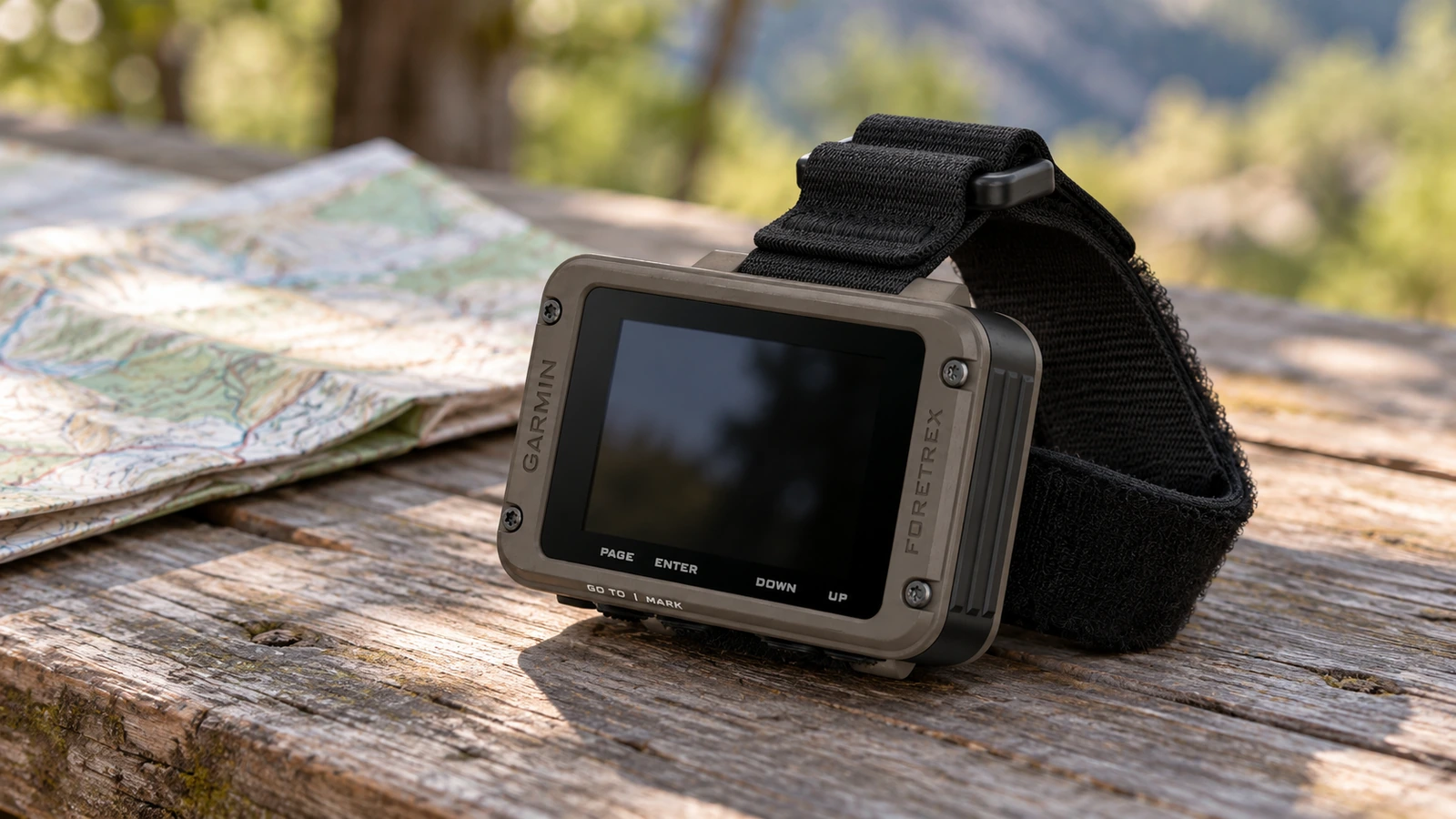 Garmin Foretrex 901 posé près d’une carte, bracelet noir visible.
