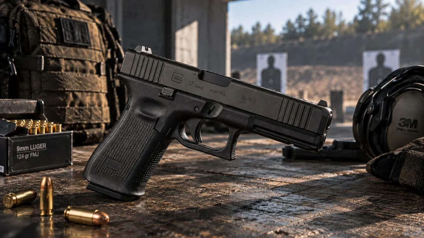 Pistolet Glock 17 noir en 9x19 posé sur un tapis de tir, chargeur et cartouches 9 mm devant, cibles du stand éclairées en arrière-plan.