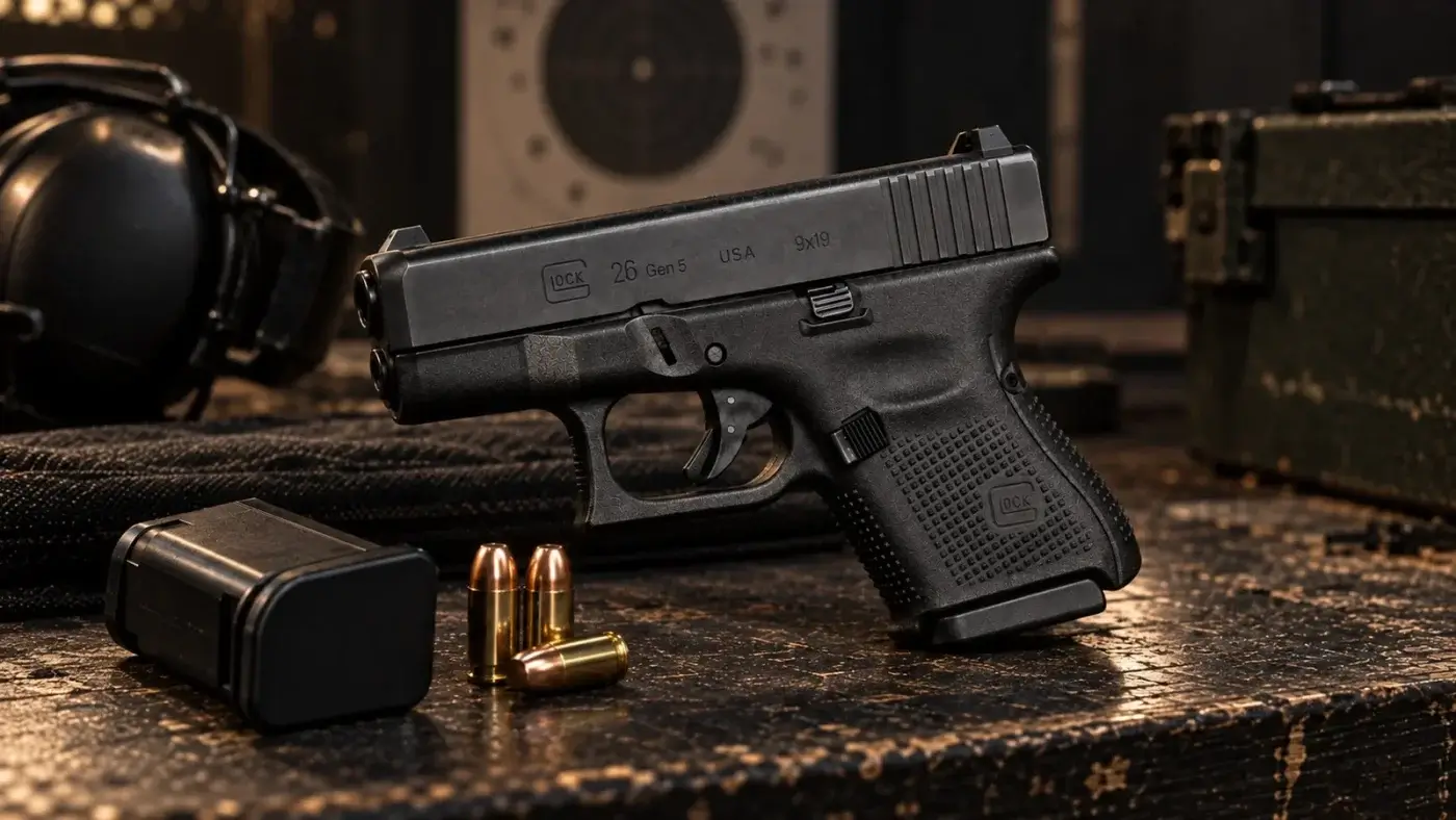 Pistolet Glock 26 Gen5 subcompact en 9x19 posé sur une table de stand, chargeur court et cartouches 9 mm, casque antibruit et cibles au fond.