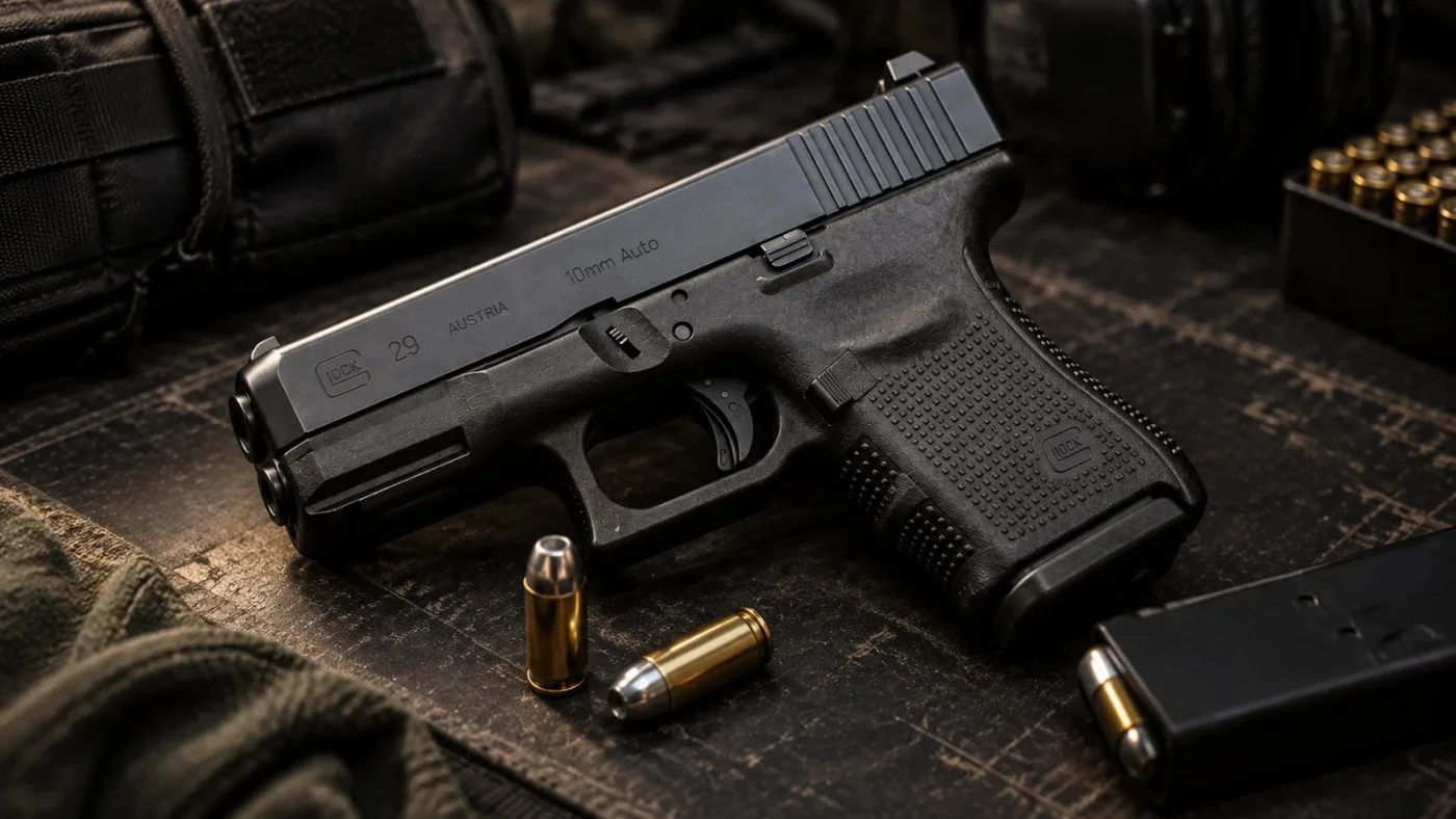 Pistolet Glock 29 en 10 mm Auto posé sur un plan de travail sombre, marquages GLOCK 29 Austria 10mm Auto, glissière courte et poignée trapue, chargeur et deux cartouches 10 mm à côté.