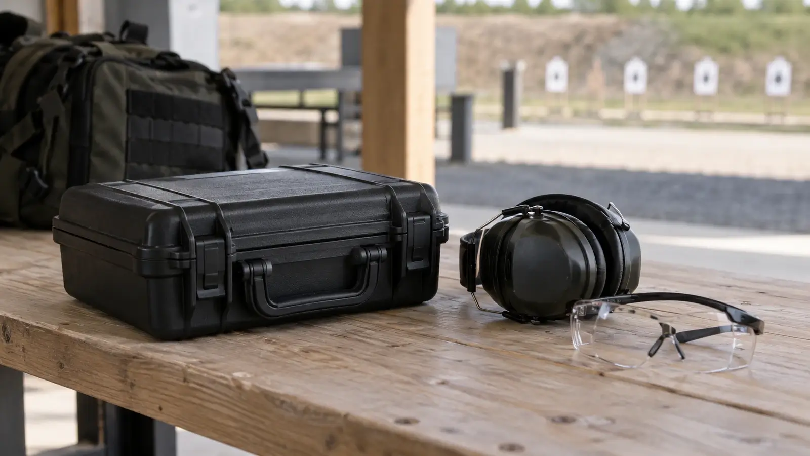 Mallette fermée, casque antibruit et lunettes de protection au stand