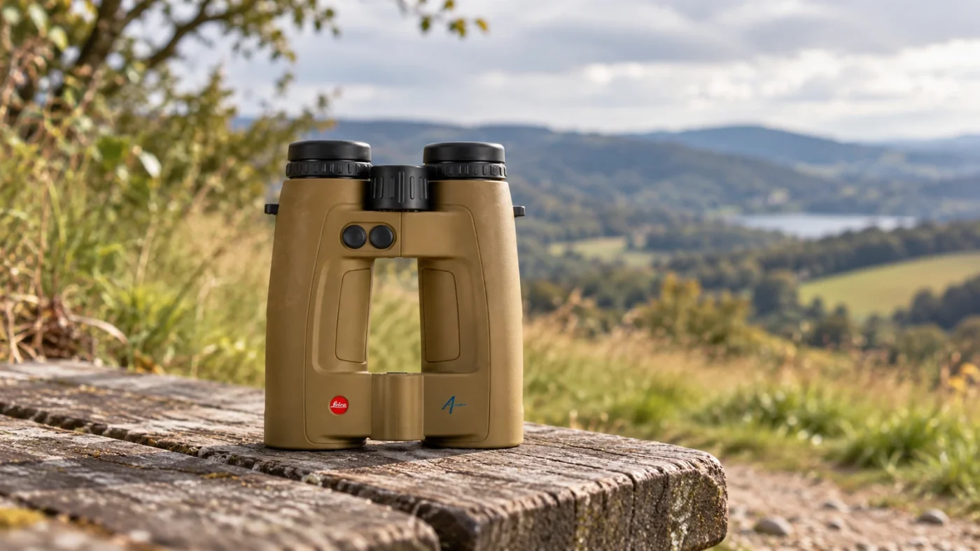 Jumelles Leica Geovid Max 10×42 Flat Dark Earth sur une table en bois en extérieur