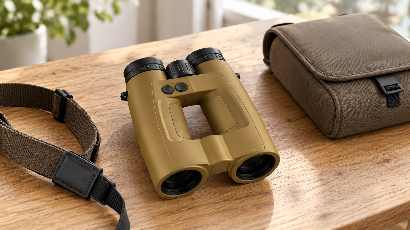 Jumelles Leica Geovid Max Flat Dark Earth posées près d’une fenêtre