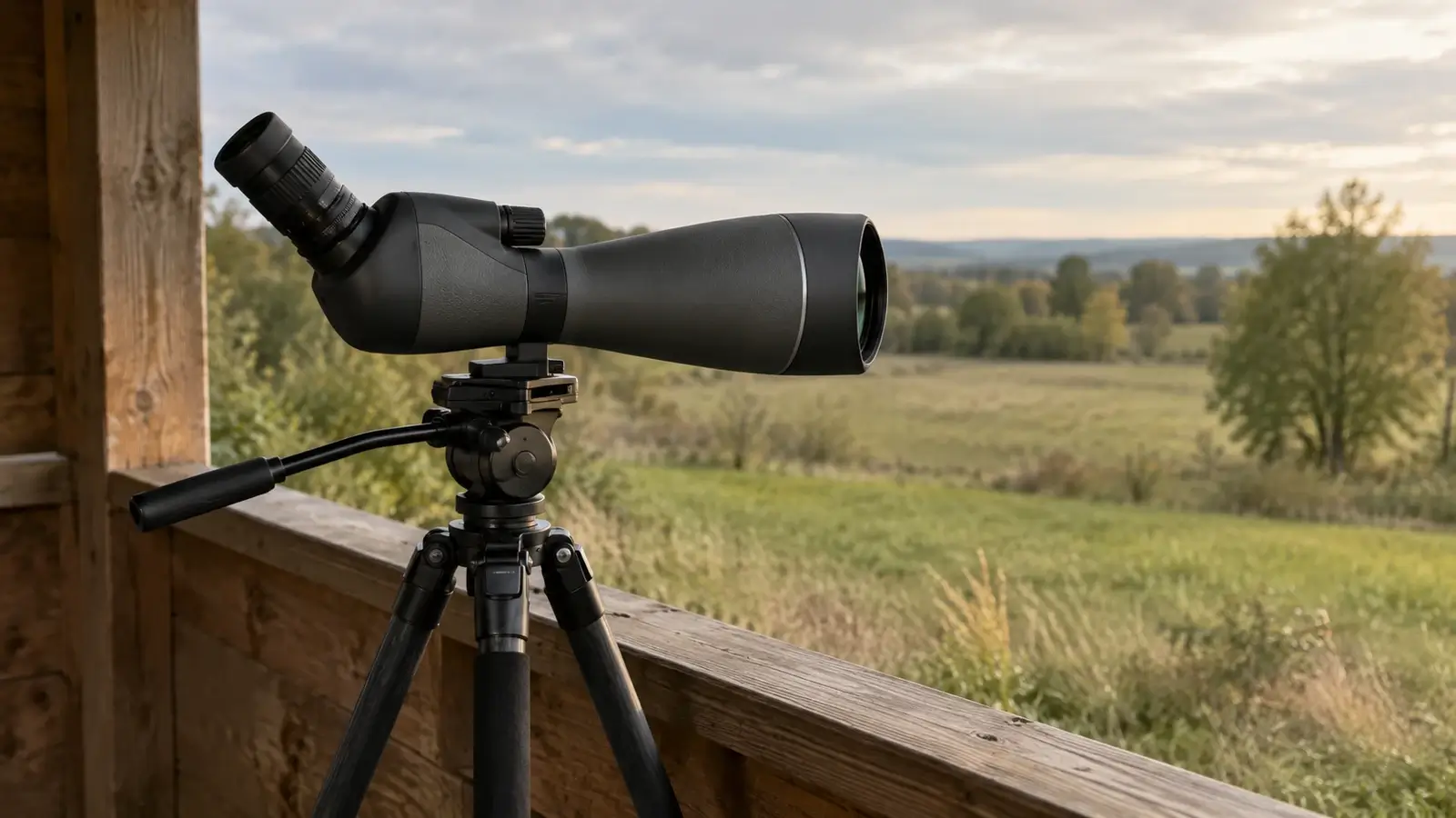 Longue-vue d’observation à oculaire coudé sur trépied, sous un abri ouvert sur une prairie