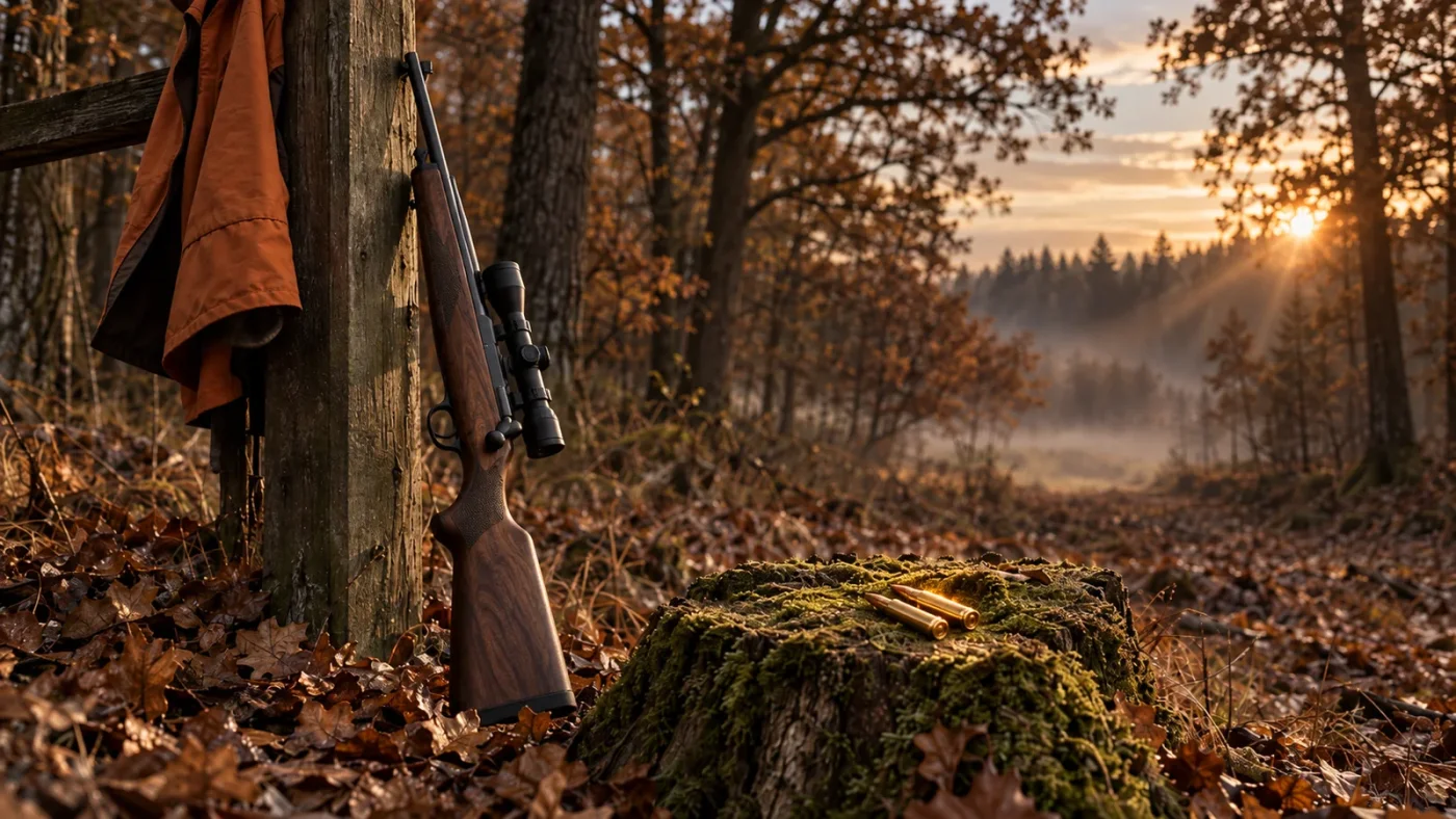 Carabine de battue à lunette appuyée contre un piquet de poste en lisière de forêt d'automne, gilet orange accroché