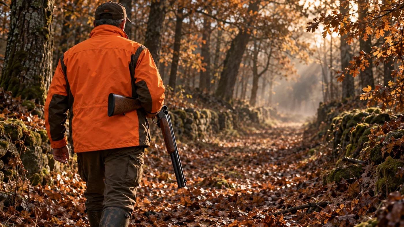 Chasseur en veste orange marchant dans une allée forestière, fusil superposé cassé sur l'avant-bras, canons vers le sol