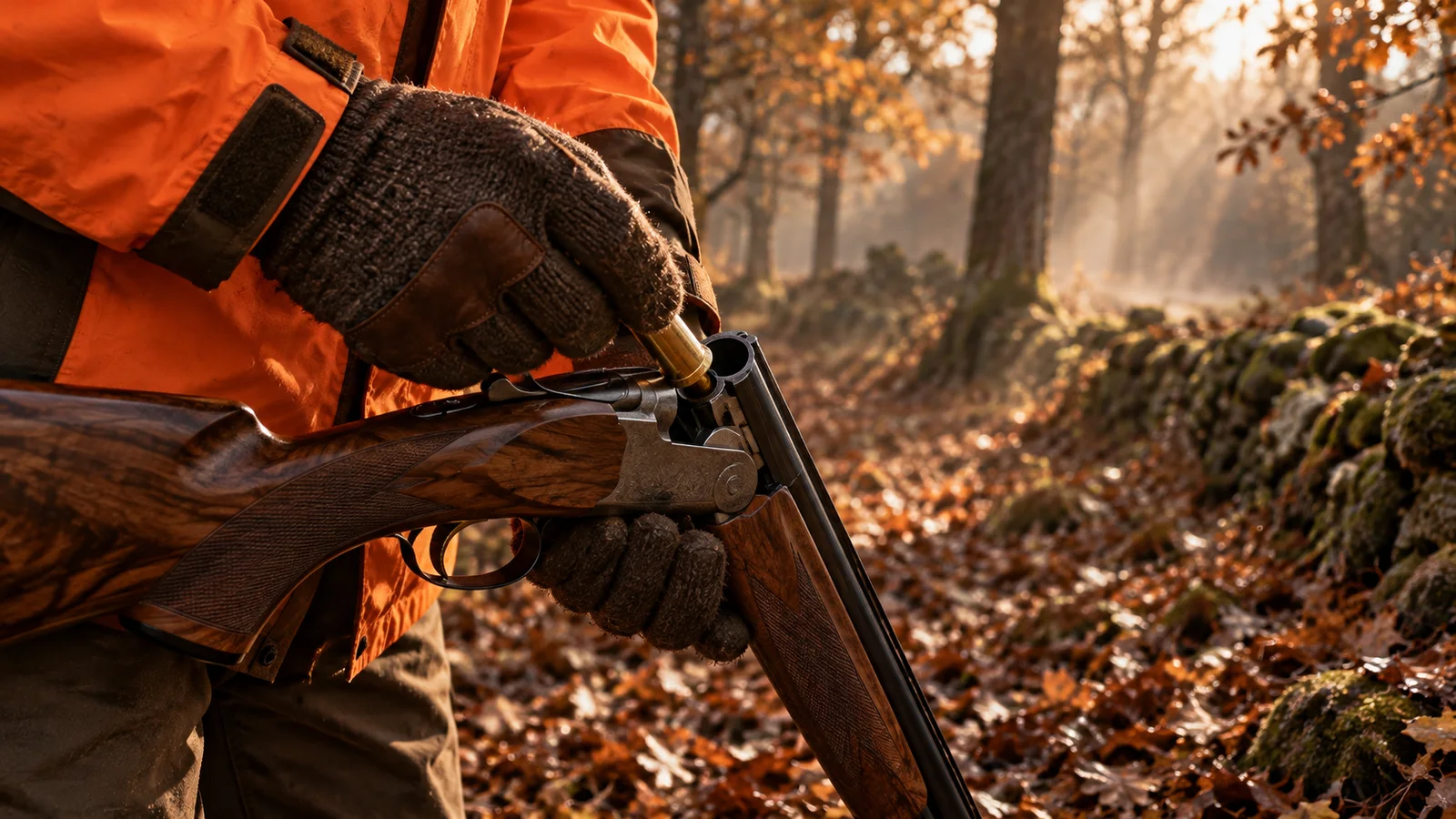 Mains gantées d'un chasseur chargeant un fusil superposé cassé, canons dirigés vers le sol, index loin des détentes
