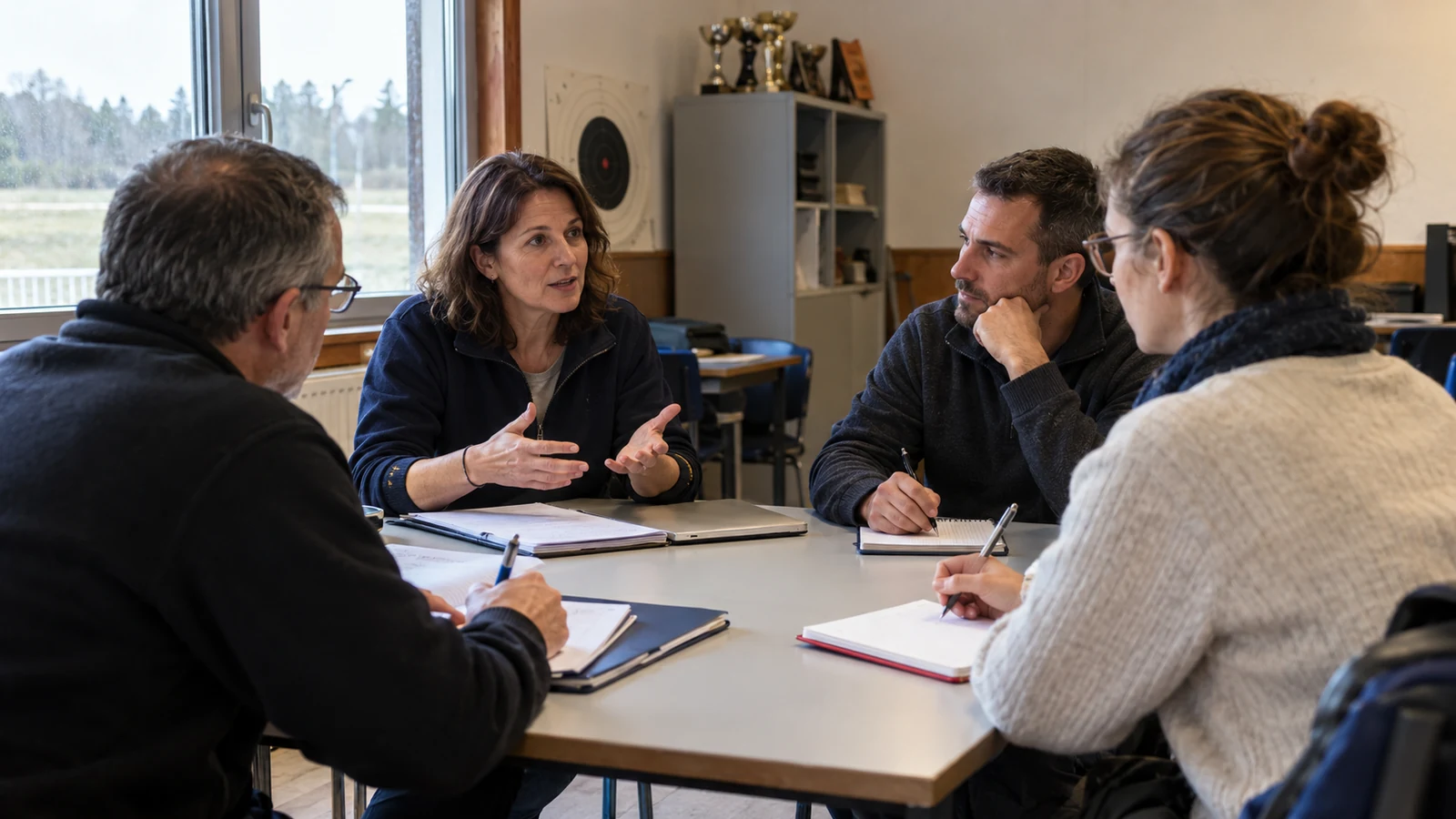 Échange entre une formatrice et trois bénévoles autour d’une table de réunion