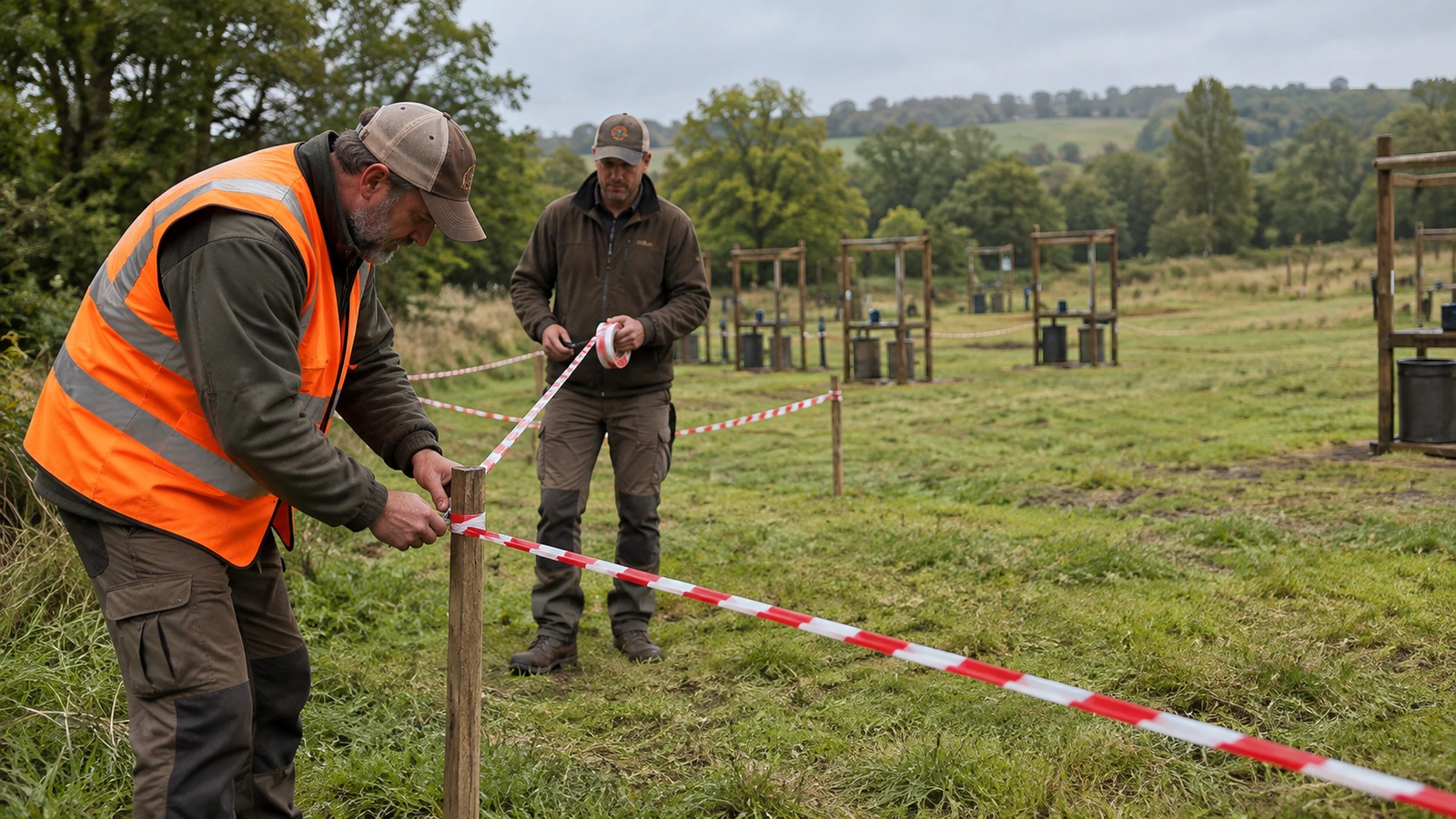 Organiser un ball-trap : un bénévole en gilet orange pose la rubalise qui balise la zone de sécurité