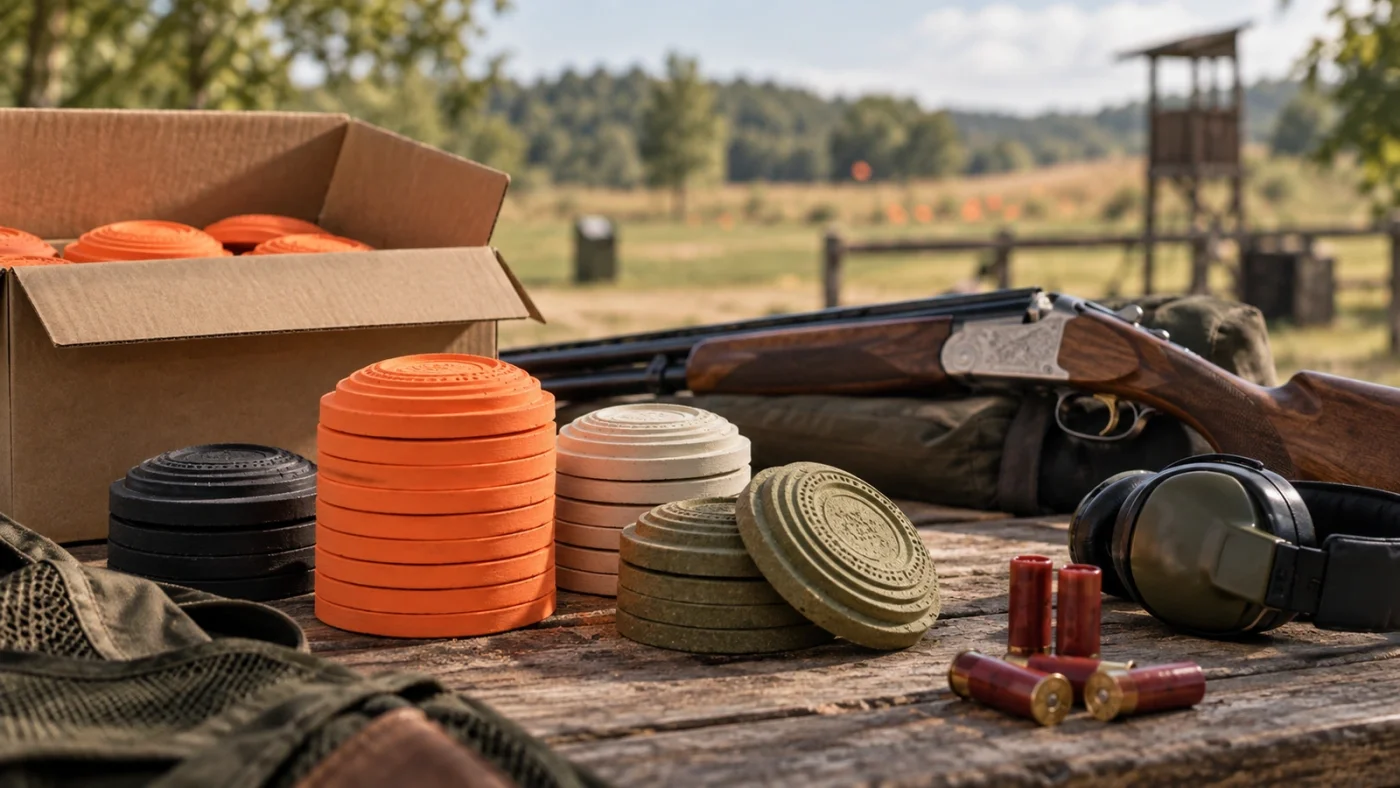 Plateaux de ball-trap orange, noirs, blancs et verts empilés près de leurs cartons, d’un fusil superposé et de cartouches