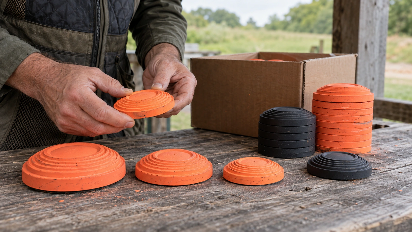 Plateau de ball-trap orange présenté en main devant des plateaux standard, midi et mini, des plateaux noirs et un carton ouvert