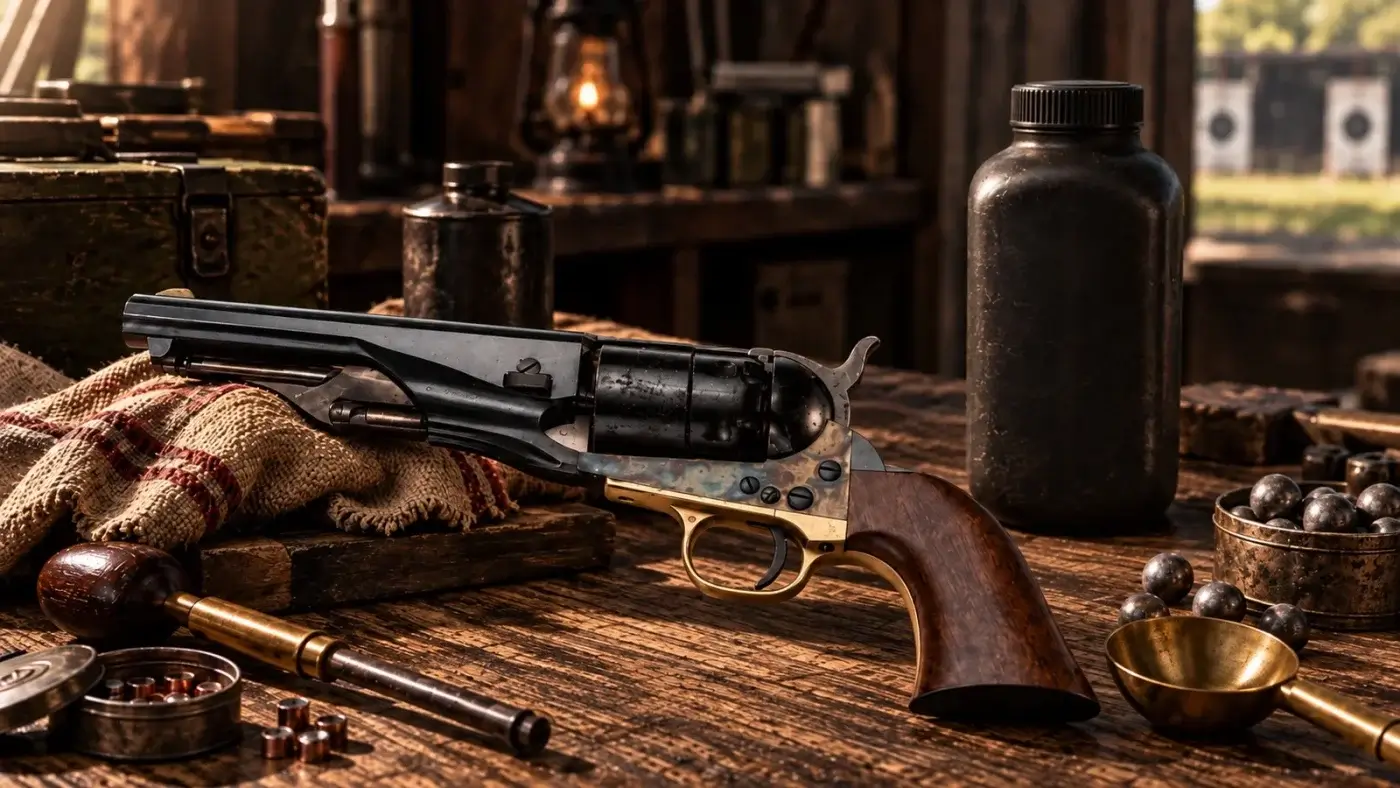 Revolver à poudre noire à carcasse laiton posé sur un établi de stand, bidon de poudre fermé, dosette en laiton, balles rondes en plomb et boîte d'amorces.
