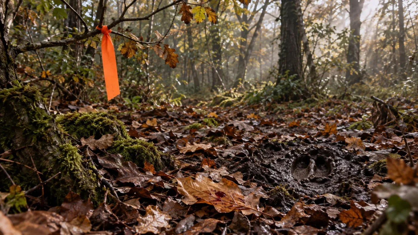 Ruban de balisage orange noué à une branche en sous-bois, au-dessus d'une empreinte de sanglier dans la terre humide