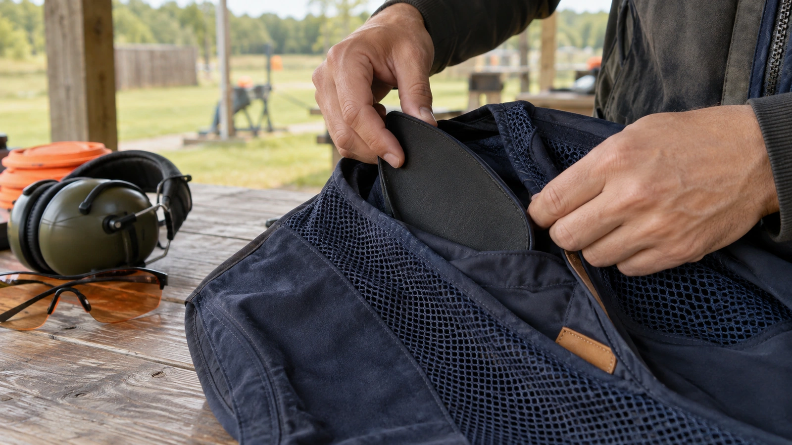 Recul au ball-trap : coussin amortissant glissé dans la poche d’épaule d’un gilet de tir