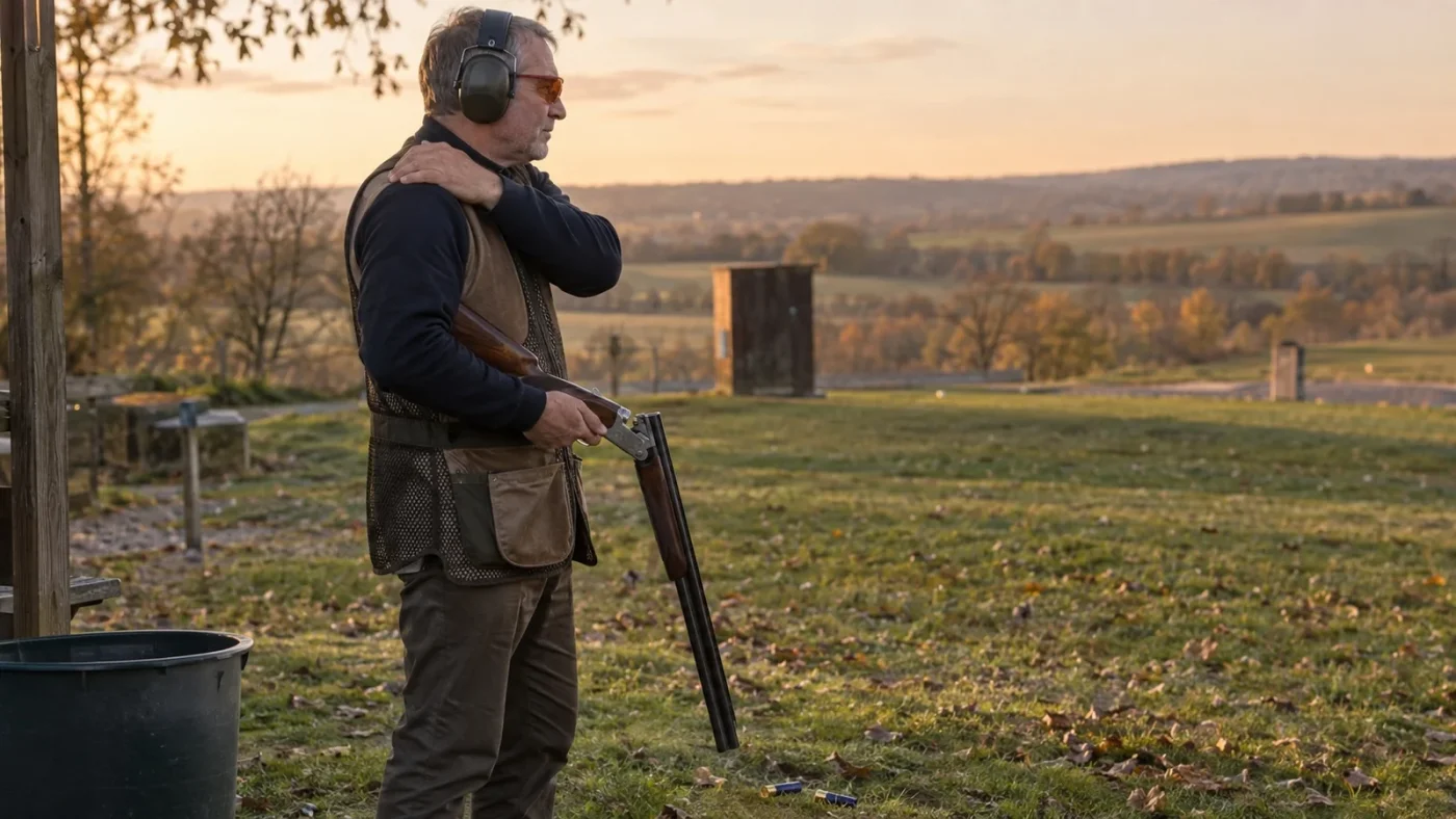 Recul au ball-trap : tireur de profil, lunettes et casque antibruit, qui se masse l’épaule après sa série, fusil superposé ouvert canons vers le sol