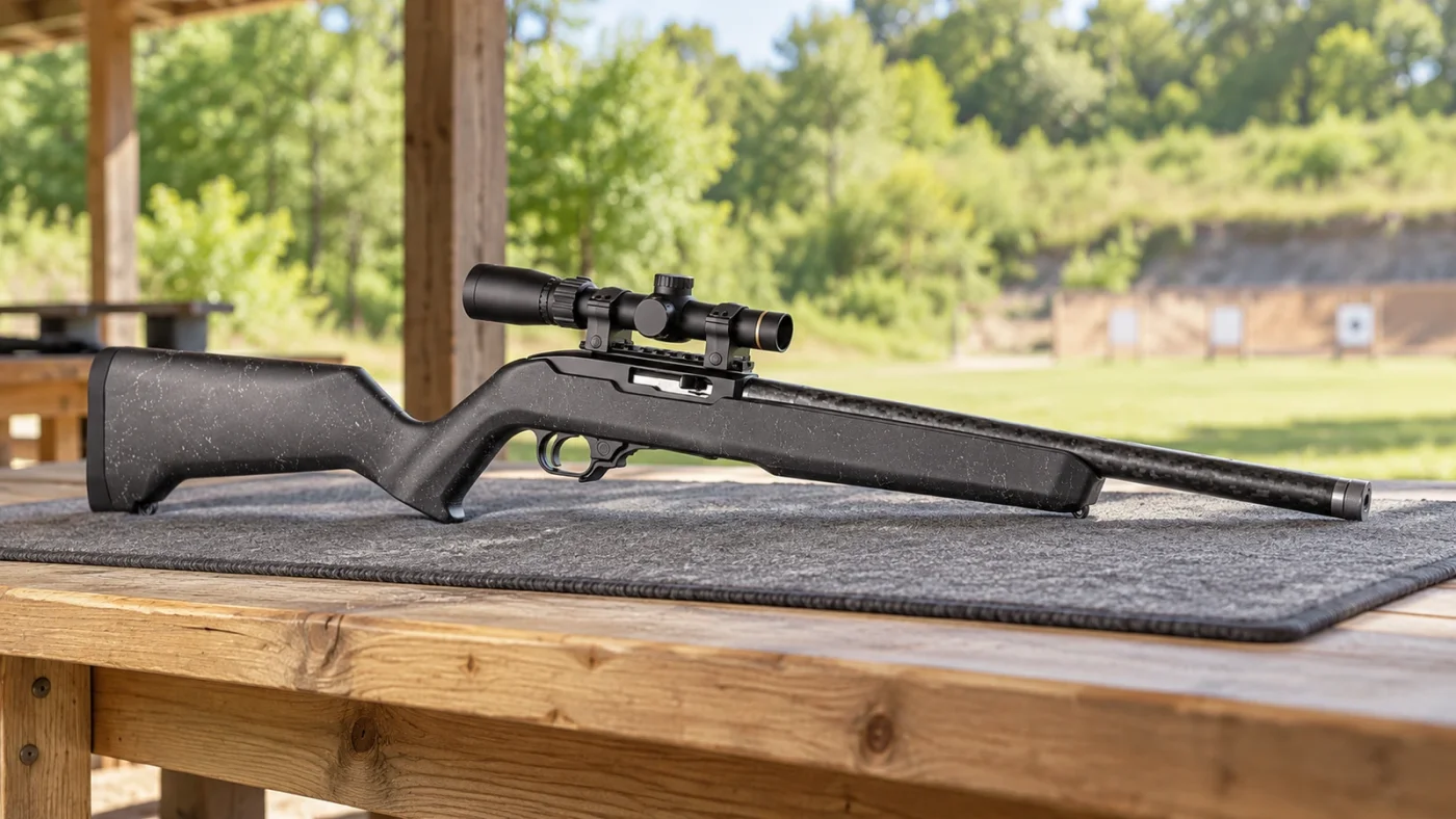 Ruger 10/22 Carbon Fiber Magpul à crosse mouchetée sur une table de stand