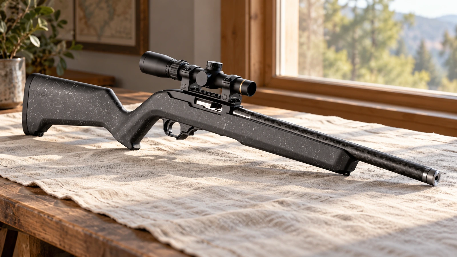 Ruger 10/22 Carbon Fiber à crosse Magpul mouchetée près d’une fenêtre