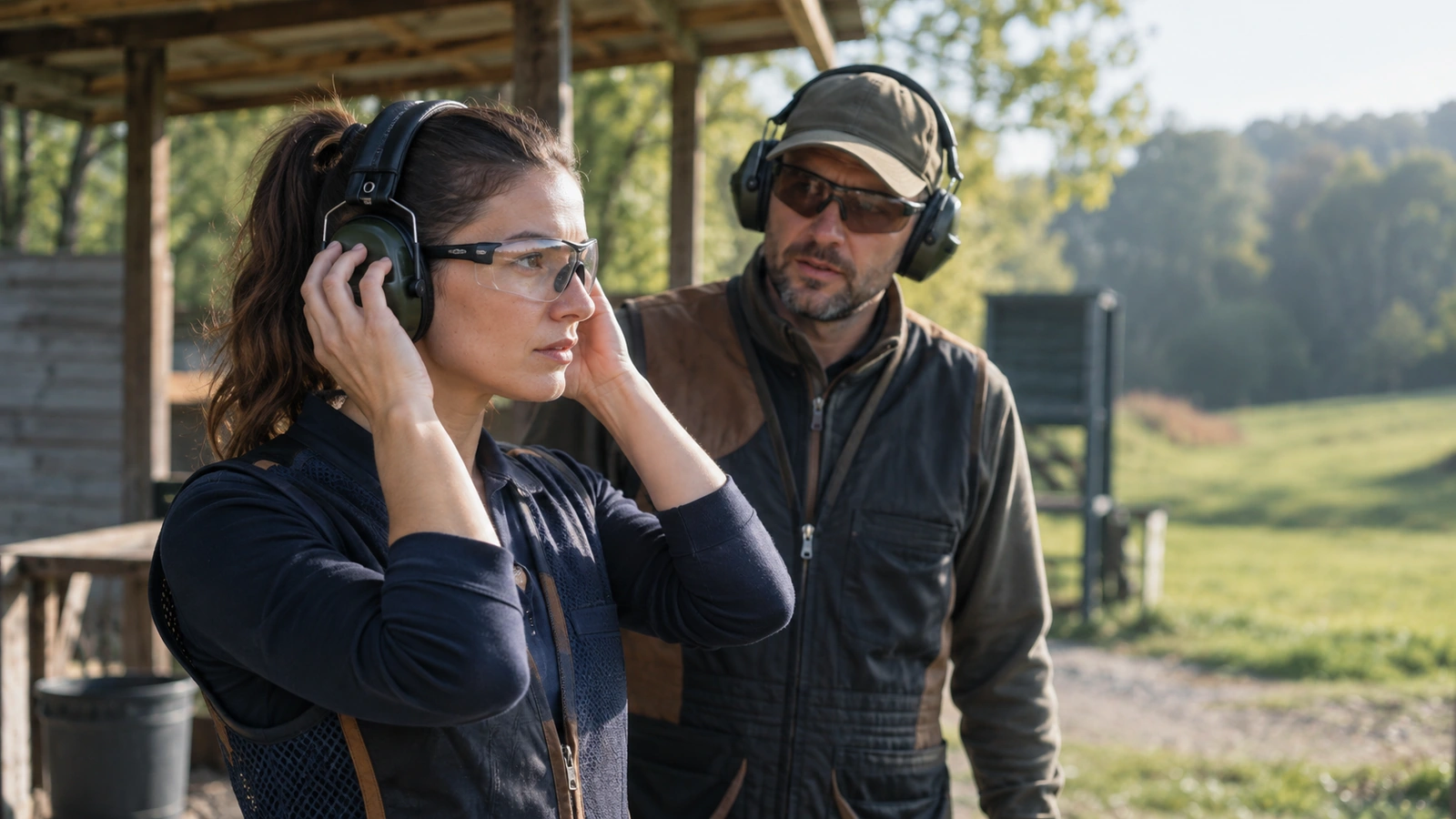 Sécurité au ball-trap : tireuse qui ajuste son casque antibruit et ses lunettes de protection, encadrant casqué derrière elle