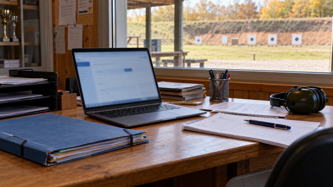 Illustration d’un bureau de club de tir avec ordinateur, dossiers administratifs et casque antibruit.