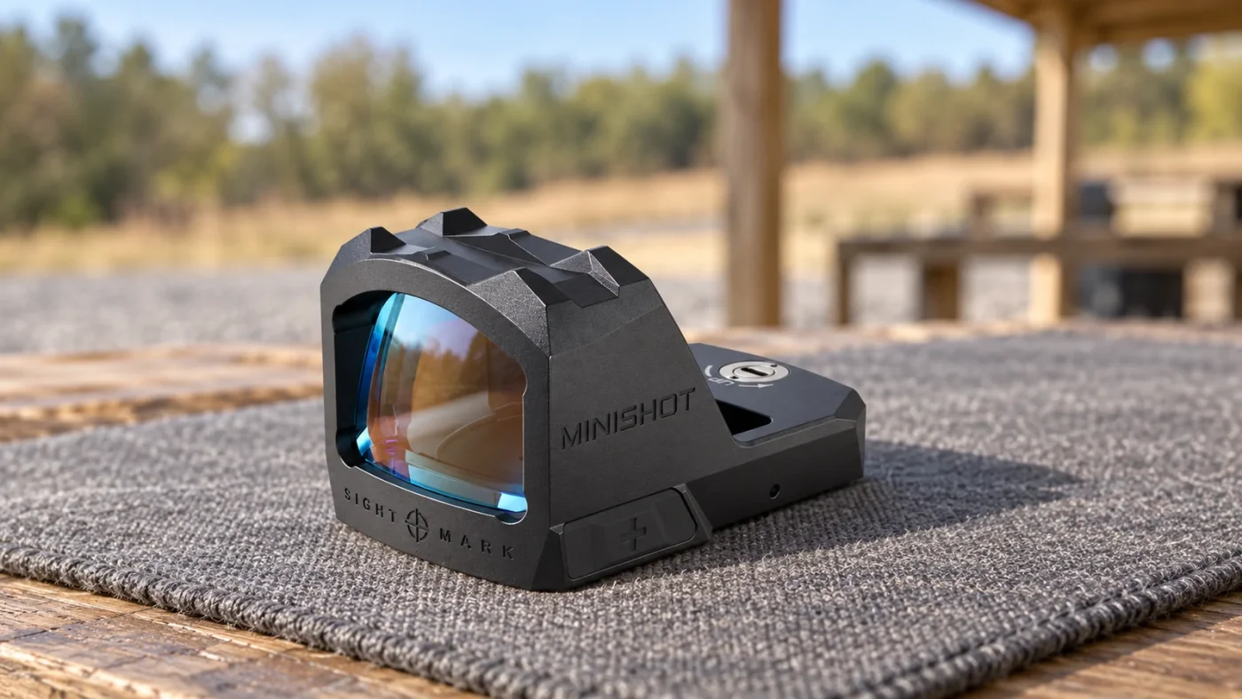 Illustration du Sightmark Mini Shot M-Spec M1 V2 SM26062 sur un tissu gris en extérieur