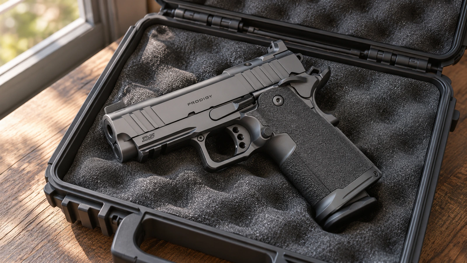 Springfield Prodigy 3,5 AOS à poignée pleine dans une mallette ouverte