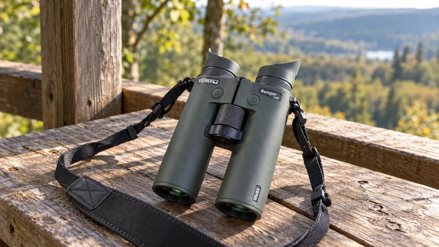Jumelles Steiner Ranger LRF originales vert olive sur une table d’observatoire