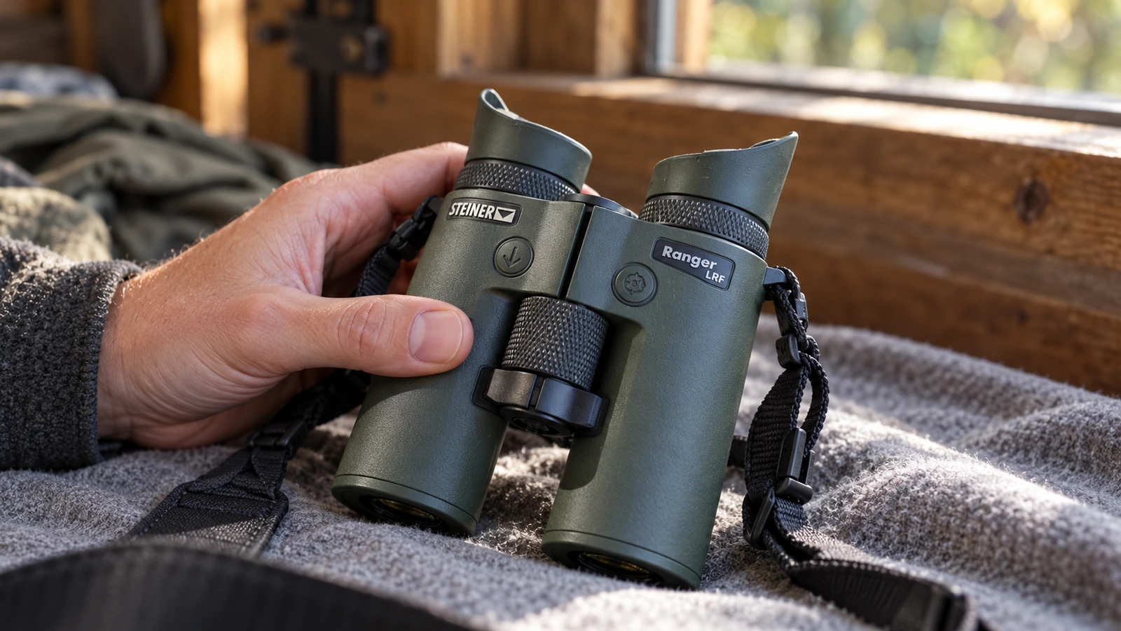 Détail des commandes et des œilletons du Steiner Ranger LRF original tenu au-dessus d’un tissu