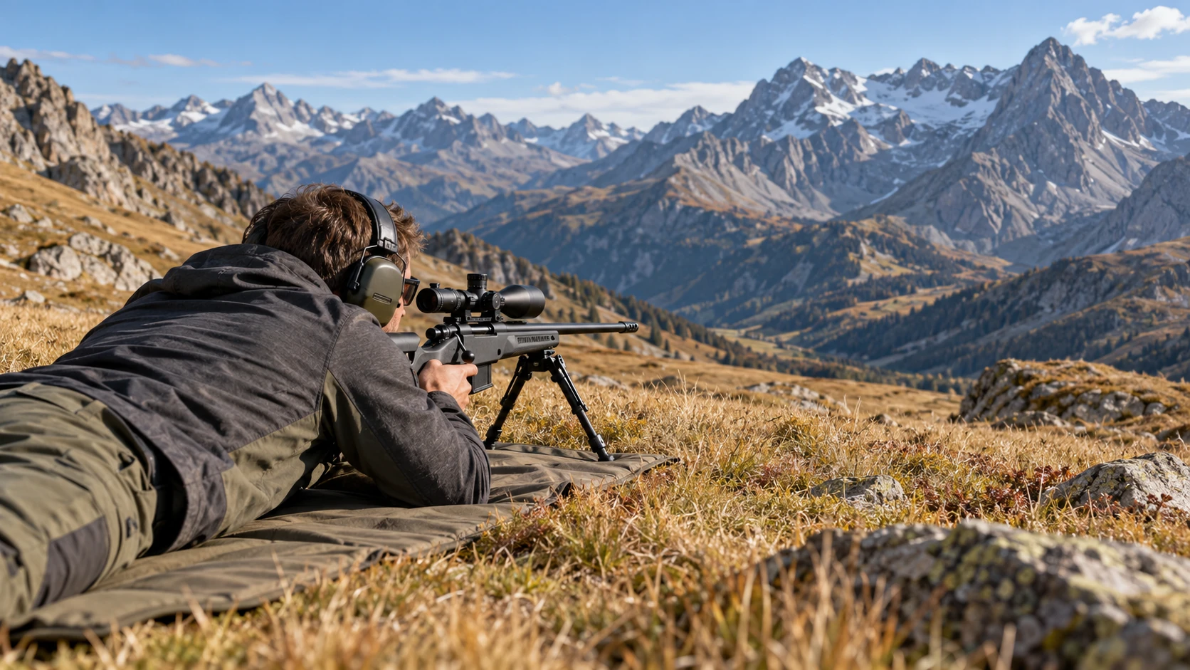 Tireur sportif allongé avec une carabine de précision dans un paysage de montagne, vu de l’arrière