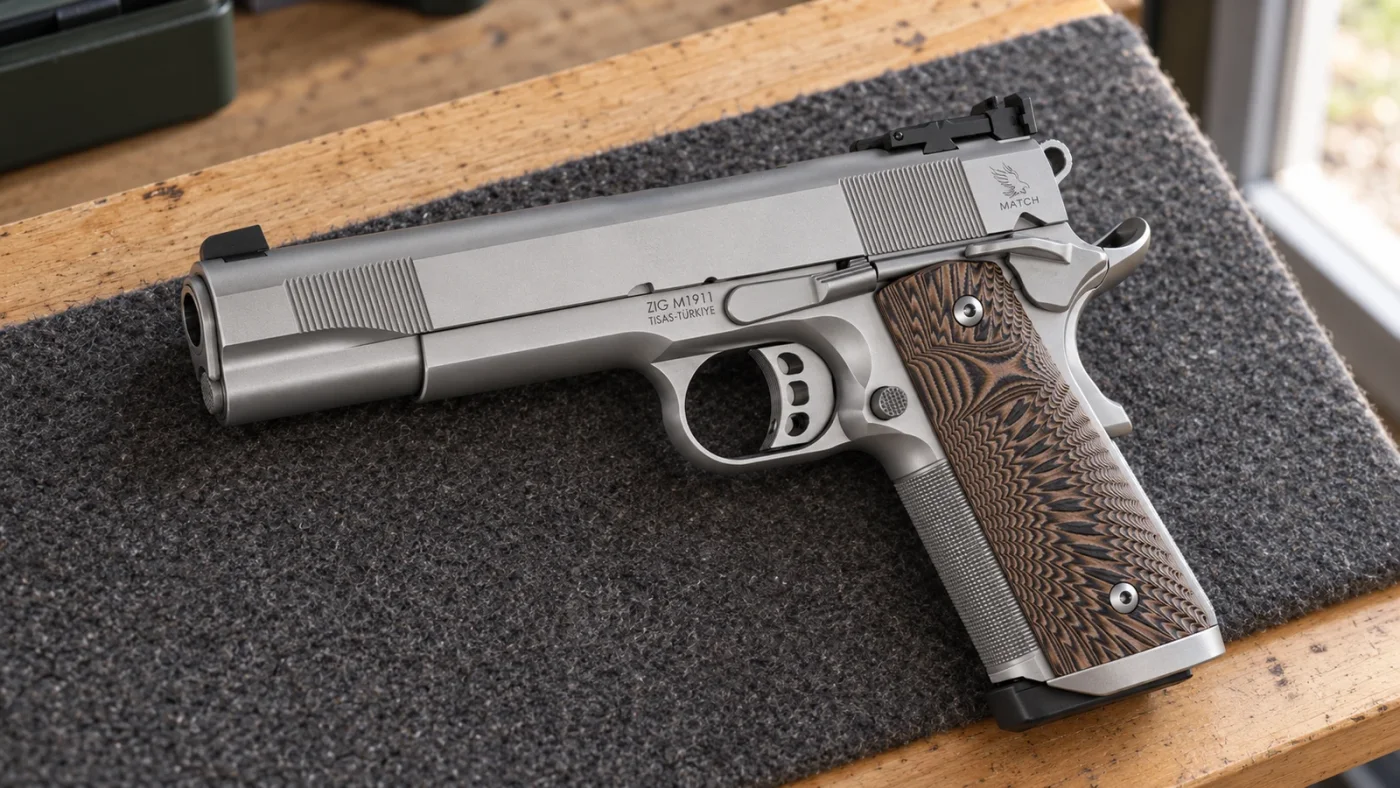 Illustration du Tisas ZIG M1911 Match Stainless inox posé sur une table de stand