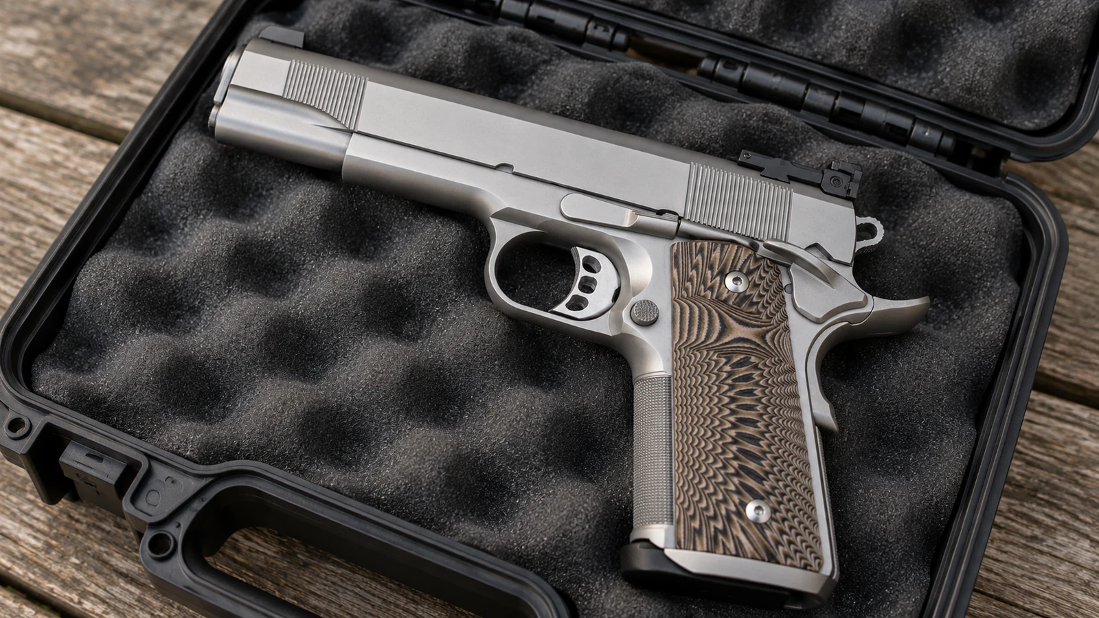 Illustration du Tisas M1911 Match Stainless posé dans une mallette, plaquettes G10 et finition inox visibles