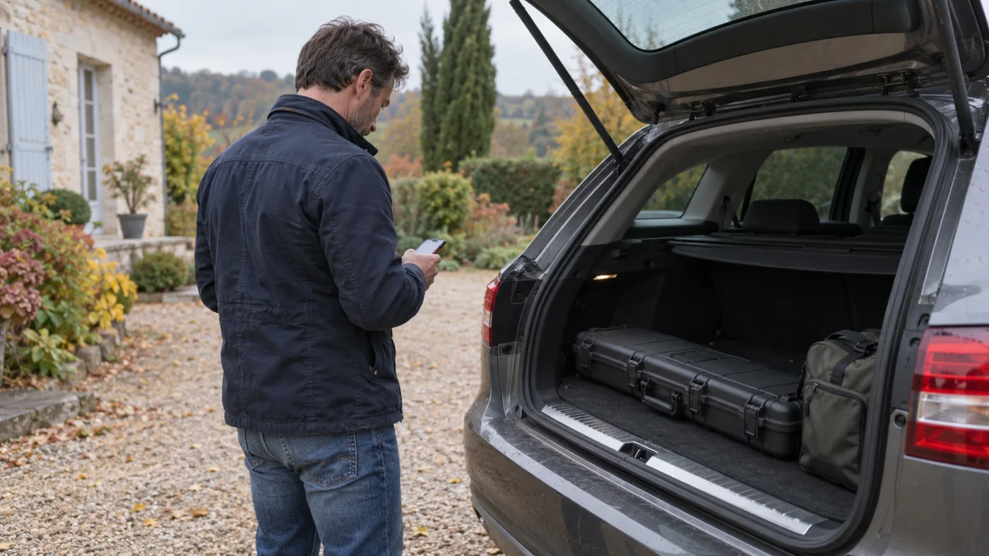 Tireur sportif consultant son téléphone près d’une mallette de transport fermée dans le coffre de sa voiture