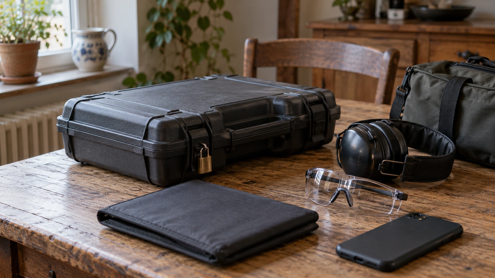 Mallette fermée et cadenassée, casque antibruit et lunettes de protection sur une table