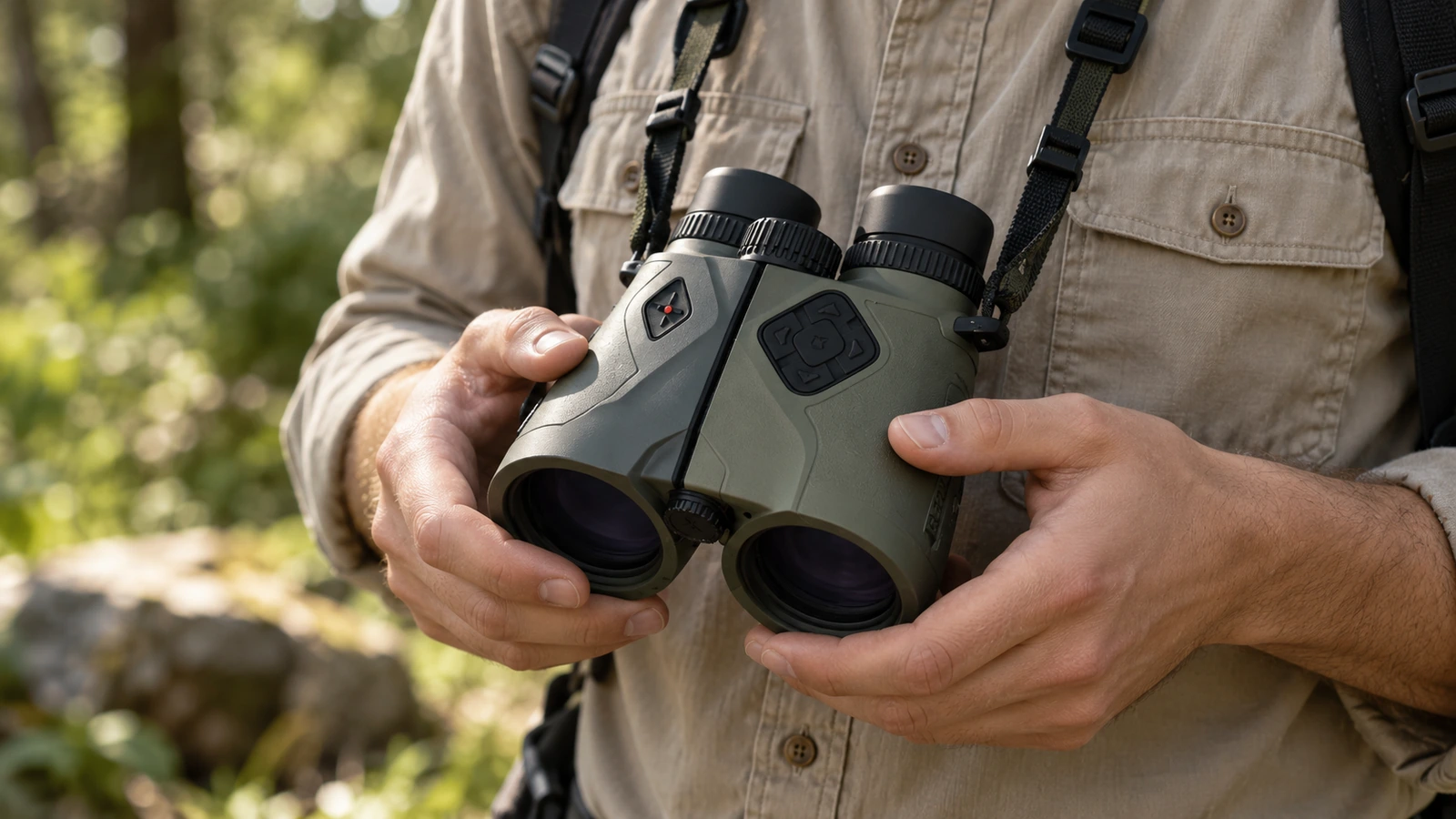 Jumelles Vectronix Vector X tenues devant le buste, commandes et oculaires visibles.