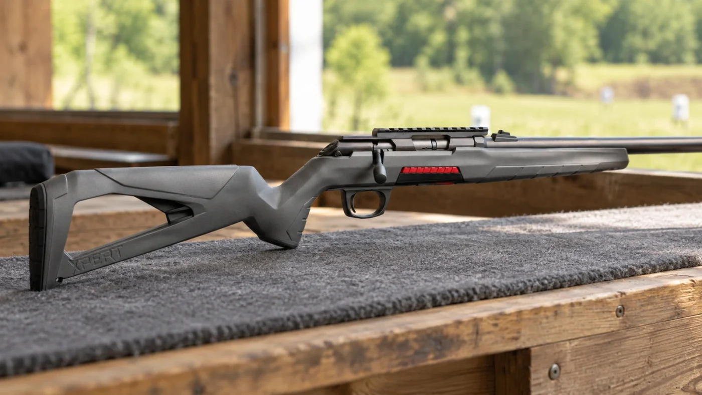 Winchester Xpert Composite grise sur un tapis de stand, vue latérale.