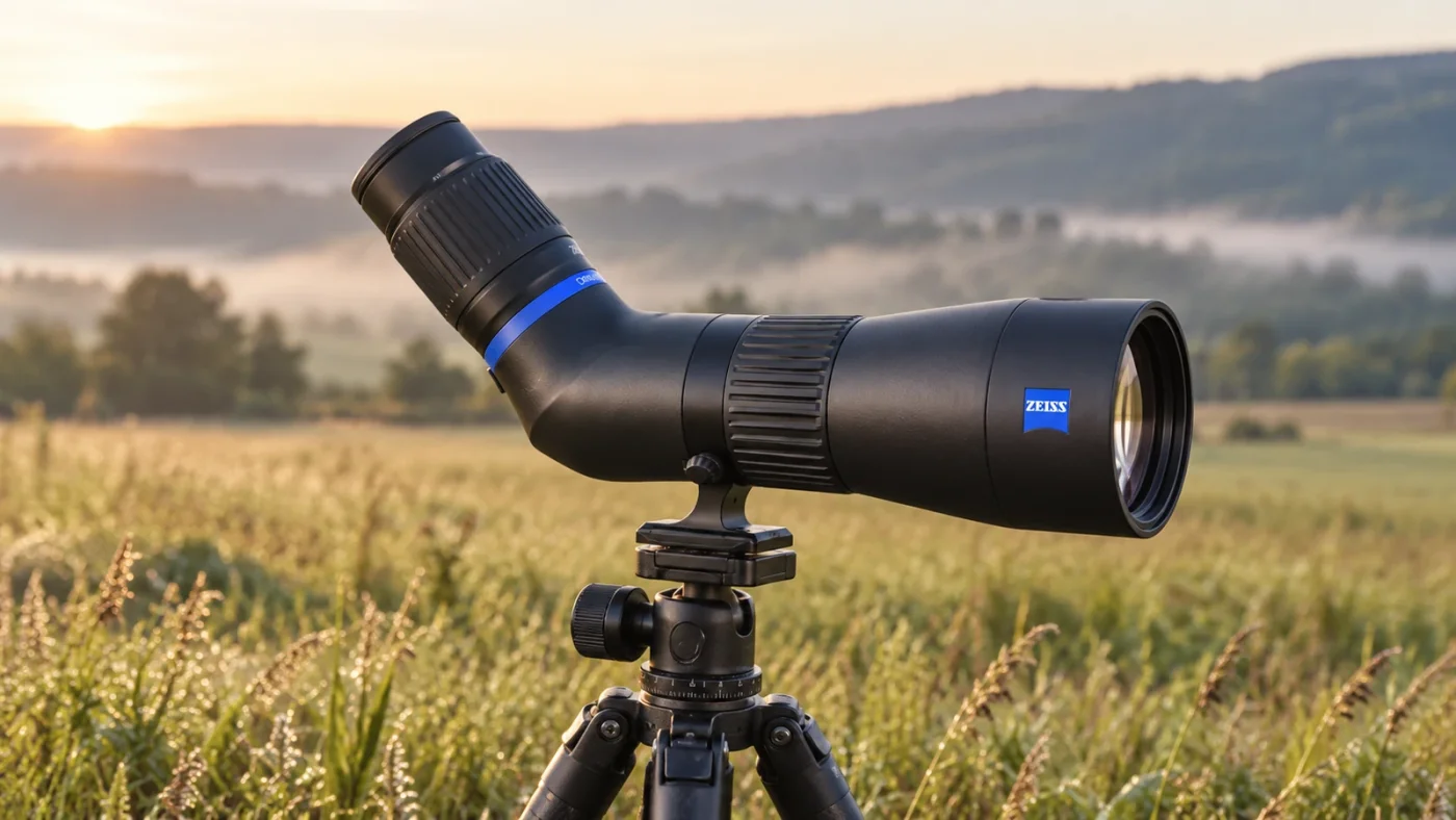 Illustration de la ZEISS Conquest Apia 65A coudée sur un trépied face à un paysage naturel